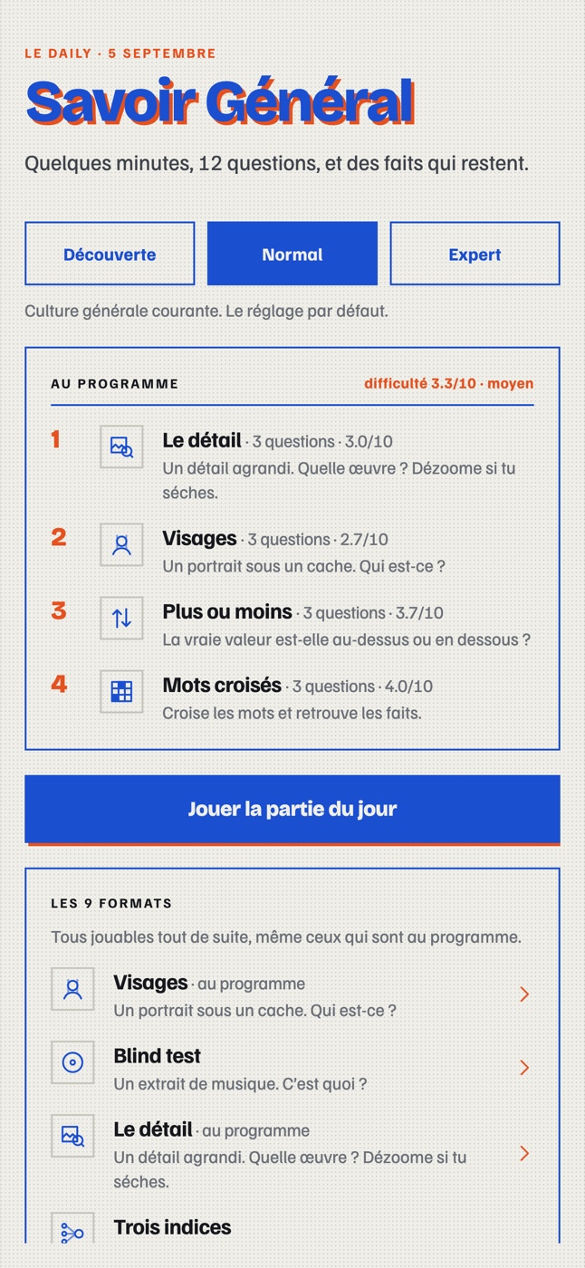 L'écran d'accueil : le programme du jour, quatre manches, et les neuf formats jouables.